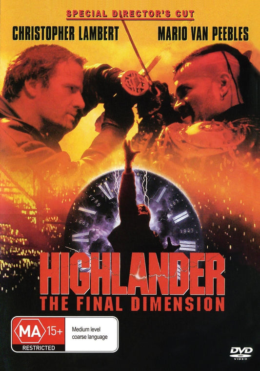 DVD cover of Highlander: The Final Dimension featuring Christopher Lambert and Mario Van Peebles, romance genre, collectible edition.