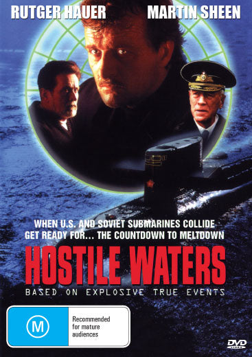 Hostile Waters DVD featuring crime thriller with Rutger Hauer and Martin Sheen, displayed on a plain background.