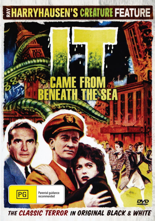 DVD cover of "It Came From Beneath The Sea" featuring Kenneth Tobey and Faith Domergue, horror movie from rareandcollectibledvds.