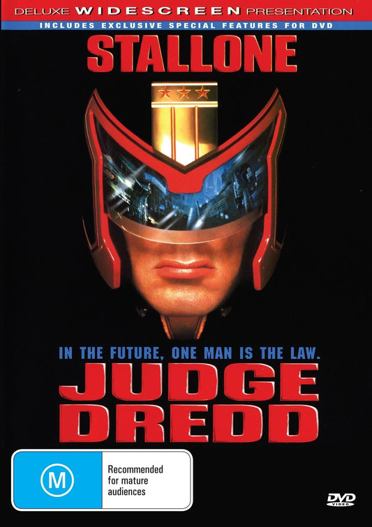 Judge Dredd DVD featuring Sylvester Stallone and Armand Assante, action movie with DVD case and artwork.