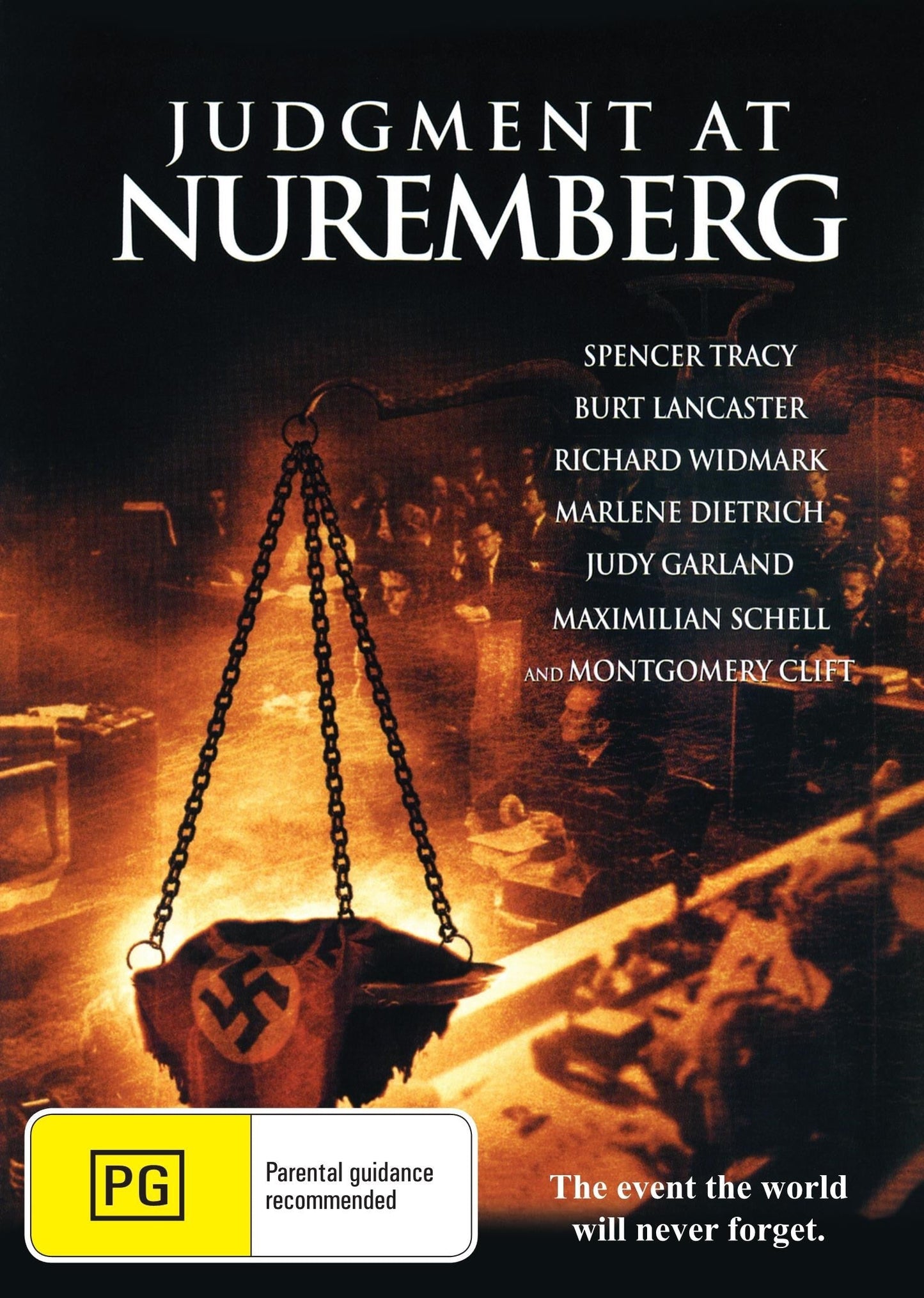 DVD cover of Judgment at Nuremberg featuring Spencer Tracy and Burt Lancaster, showcasing the film's title and main actors.
