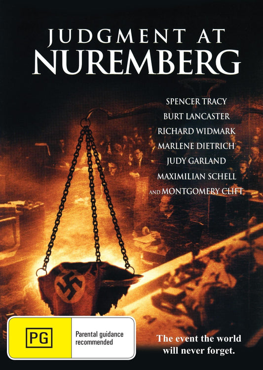 DVD cover of Judgment at Nuremberg featuring Spencer Tracy and Burt Lancaster, showcasing the film's title and main actors.