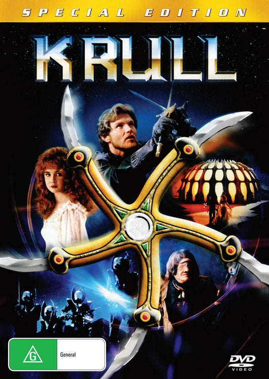 Krull DVD featuring action stars Ken Marshall and Lysette Anthony, with a dynamic scene from the sci-fi adventure film.