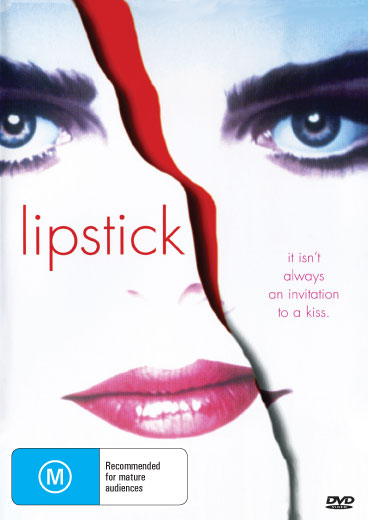 DVD cover for "Lipstick on" crime movie featuring Margaux Hemingway and Chris Sarandon, with vivid artwork and title text.