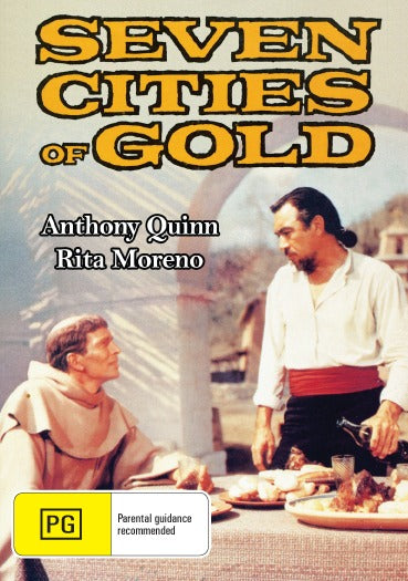 Seven Cities of Gold DVD featuring Richard Egan and Anthony Quinn, historical adventure movie with vintage film look.