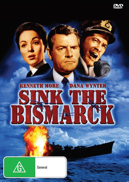 DVD of Sink the Bismarck with Kenneth More and Dana Wynter, war film from RareandCollectibleDVDs featuring vintage movie cover art.