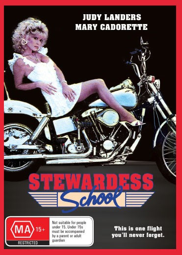 DVD cover of Stewardess School action film featuring Brett Cullen and Mary Cadorette, showcasing the movie's cast and colorful cover art.