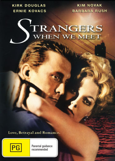 DVD cover of "Strangers When We Meet" drama featuring Kirk Douglas and Kim Novak, from rareandcollectibledvds.