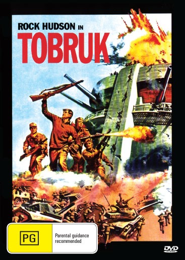 DVD cover of "Tobruk" drama starring Rock Hudson and George Peppard, featuring a scene with military vehicles and soldiers.