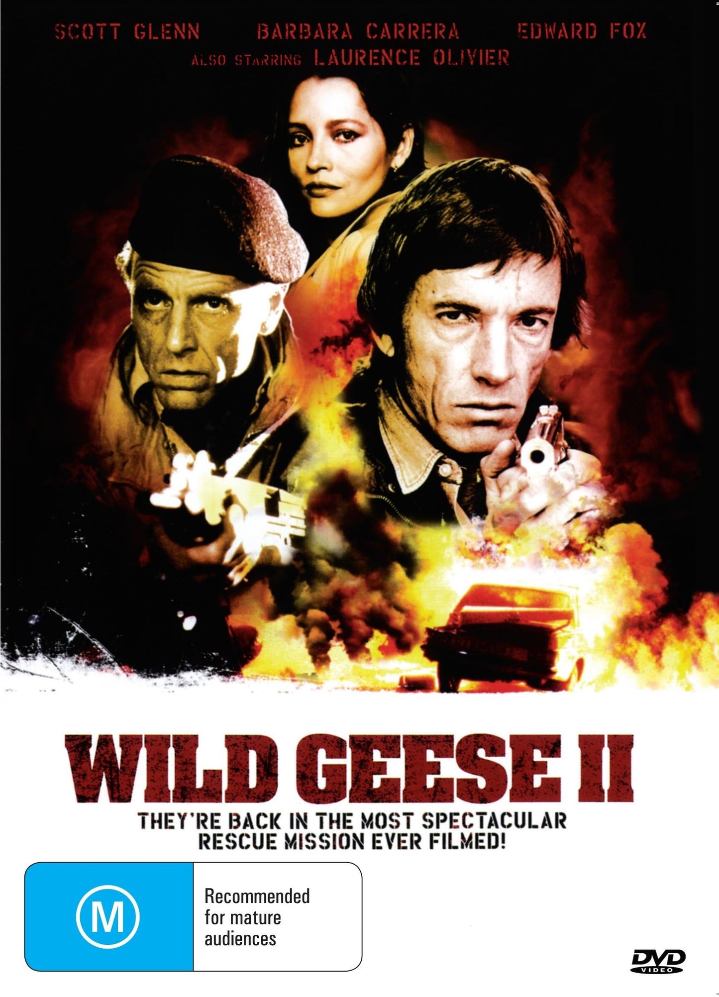 Wild Geese II DVD featuring action scenes with Scott Glenn and Barbara Carrera, showcasing a vintage film cover image.