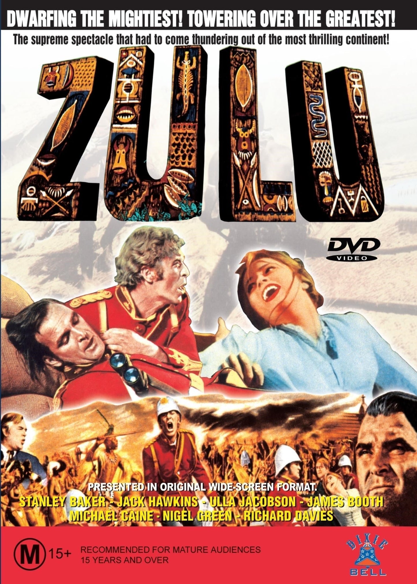 DVD cover of "Zulu" featuring Michael Caine, Stanley Baker, and Jack Hawkins, from the war film starring Michael Caine.