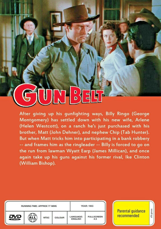 Western movie DVD titled Gun Belt featuring George Montgomery and Tab Hunter, part of Timeless Classic DVD collection.