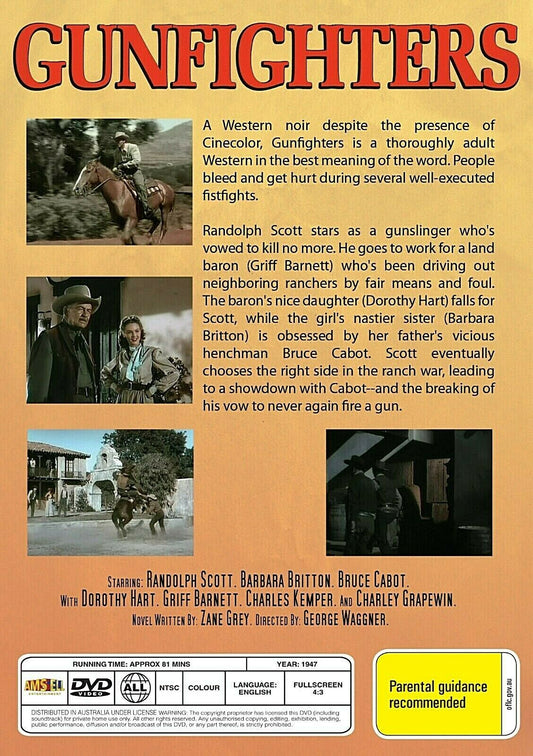 Western DVD featuring Randolph Scott and Barbara Britton in "Gunfighters," part of the Timeless Classic DVD collection.
