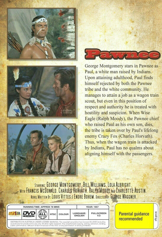 Pawnee on DVD, a Western movie featuring George Montgomery and Bill Williams, from Timeless Classic DVD collection.