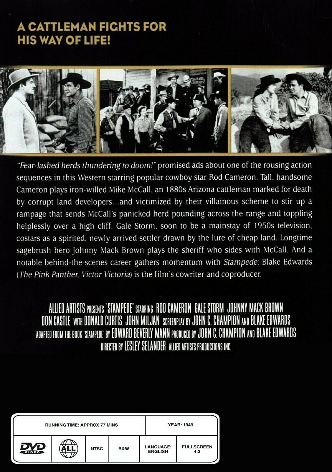 Stampede (1949) Western DVD featuring Rod Cameron and Gale Storm, showing a vintage movie scene with cowboys and desert landscape.