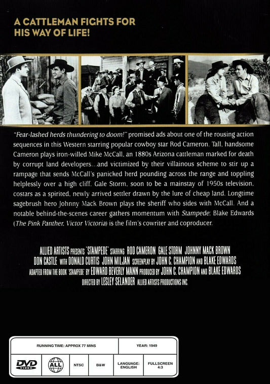 Stampede (1949) Western DVD featuring Rod Cameron and Gale Storm, showing a vintage movie scene with cowboys and desert landscape.
