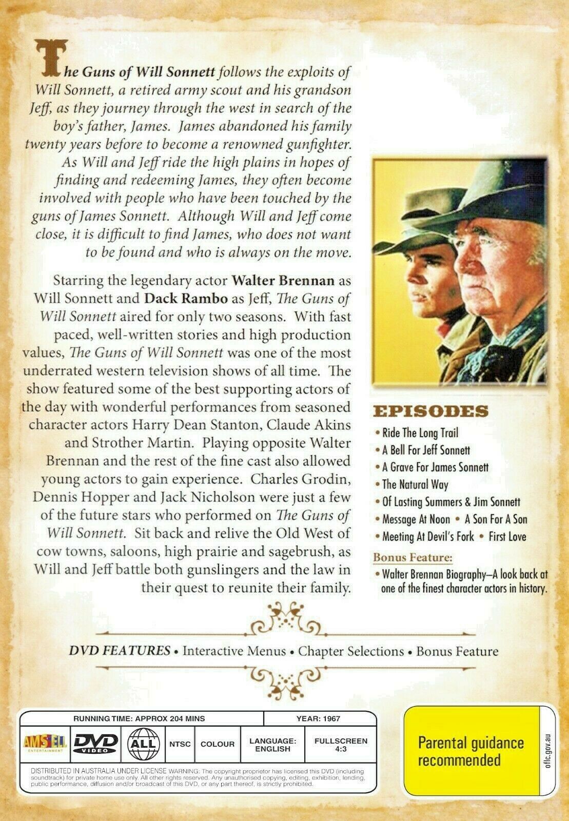 DVD cover for The Guns of Will Sonnett Season 1 featuring Western themes with Walter Brennan and Dack Rambo.