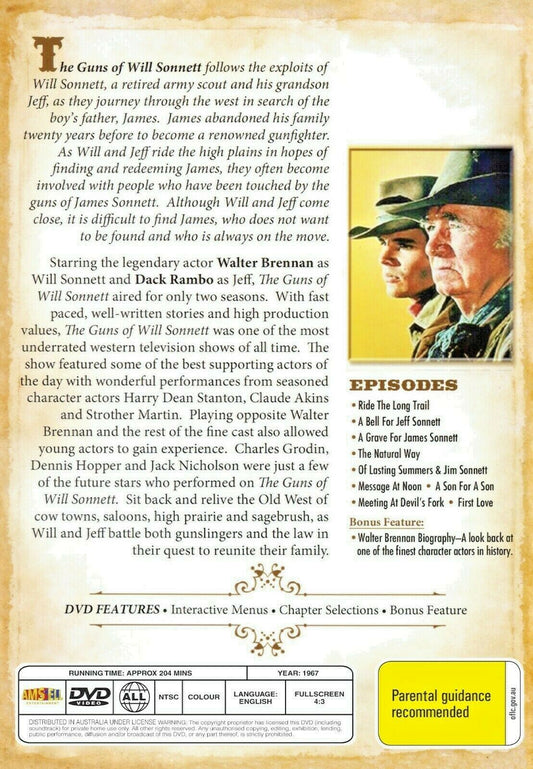 DVD cover for The Guns of Will Sonnett Season 1 featuring Western themes with Walter Brennan and Dack Rambo.