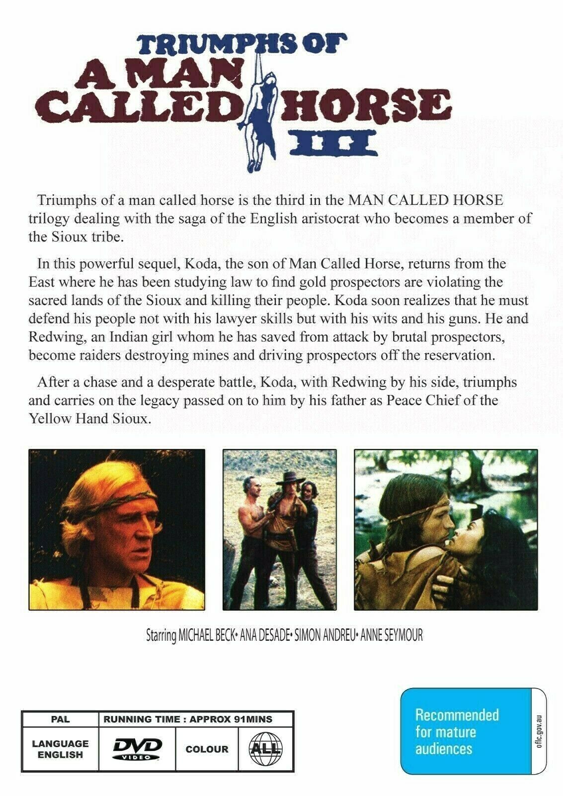 DVD of "Triumphs of a Man Called Horse" drama starring Richard Harris and Michael Beck, from Timeless Classic DVD collection.