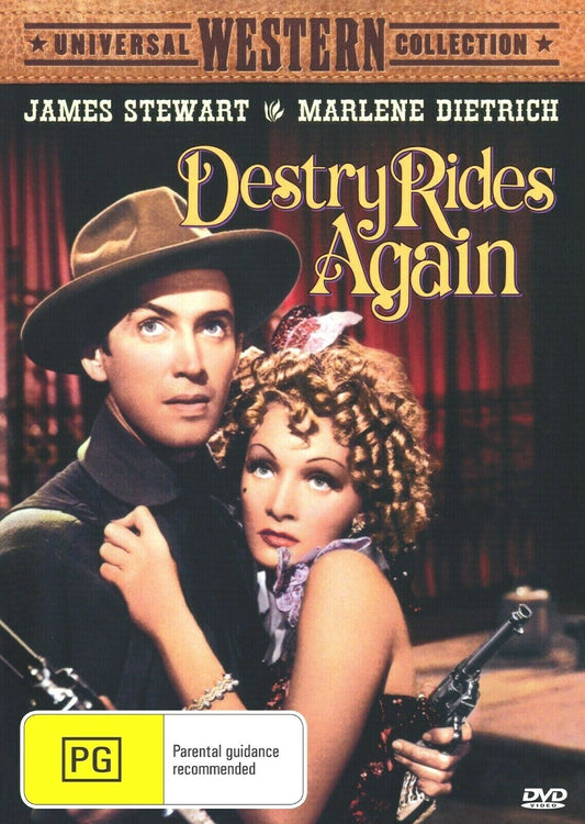 Destry Rides Again DVD featuring Marlene Dietrich and James Stewart, classic comedy movie on a Timeless Classic DVD.