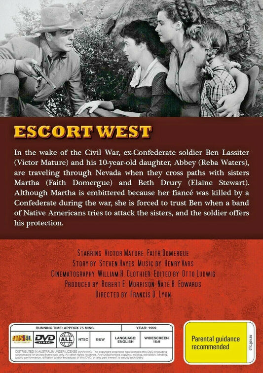 Escort West 1959 DVD featuring Western starring Victor Mature and Elaine Stewart, classic movie from Timeless Classic DVD